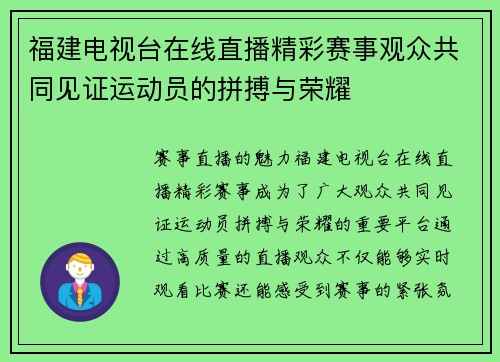 福建电视台在线直播精彩赛事观众共同见证运动员的拼搏与荣耀